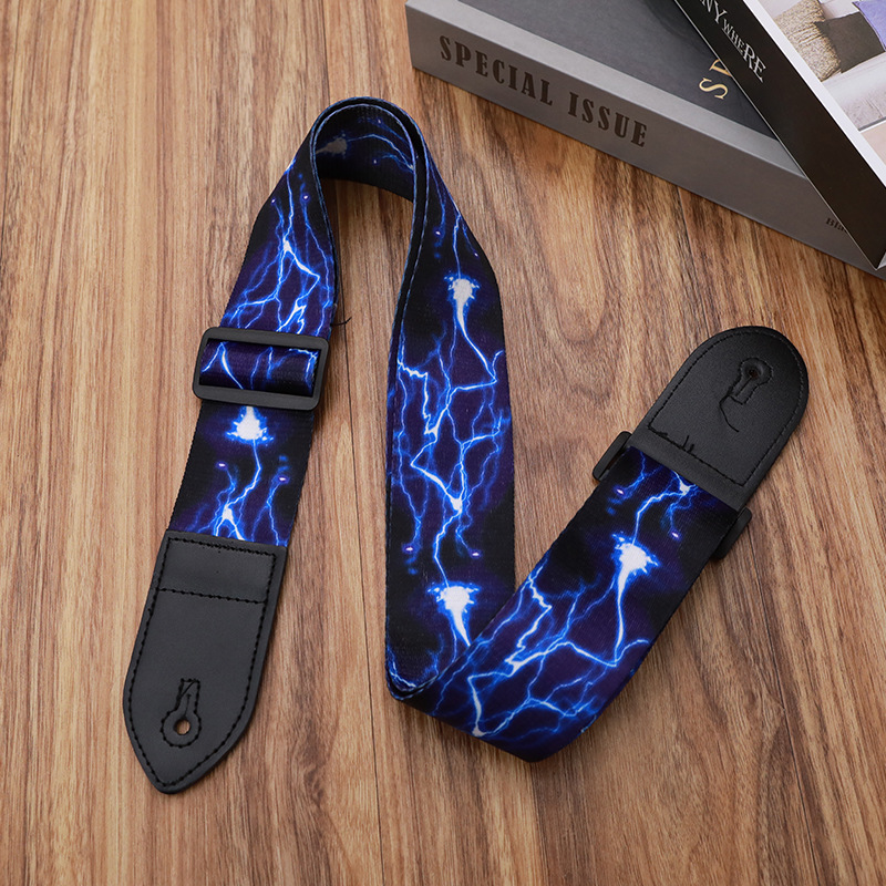 Guitar Strap, Blue Lightning Guitar Strap, Adjustable Strap with Leather Ends, Accessories for Electric Guitar, Guitar, Western Guitar, Ukulele, Bass, 78 cm - 130 cm