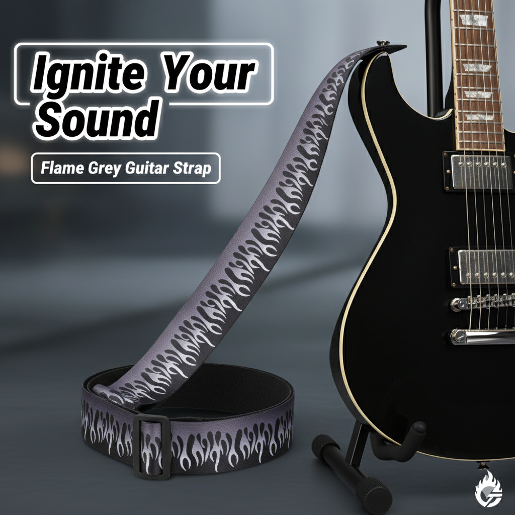 Flame Fire Printed Guitar Bass Strap Polyester w/ Leather Head