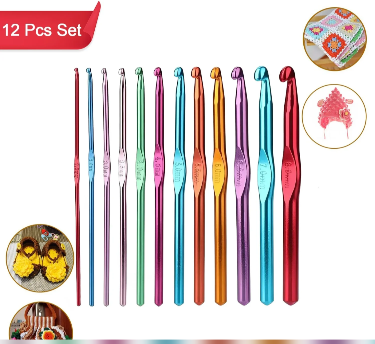 Aluminum Crochet Hooks – Multicolor Needle Set (2.0 to 7.0 mm), Pack of 12 | Lightweight, Durable Knitting Tools for Yarn, Wool, and DIY Crafts