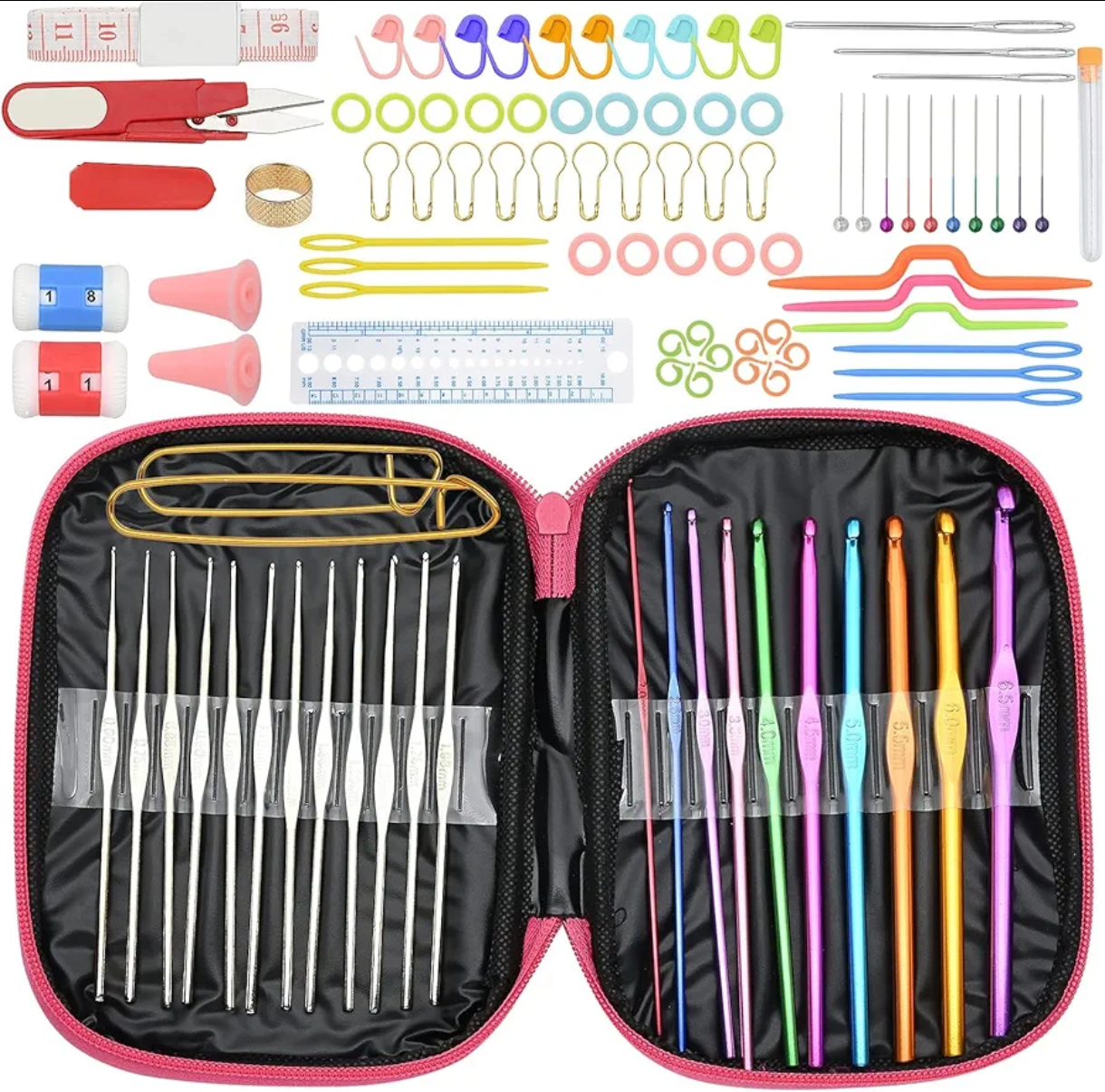 Crochet Hooks Set, Aluminum Knitting Needles Ergonomic Coloured Knitting Tool with Pink Storage Bag Scissors & Cable Needles