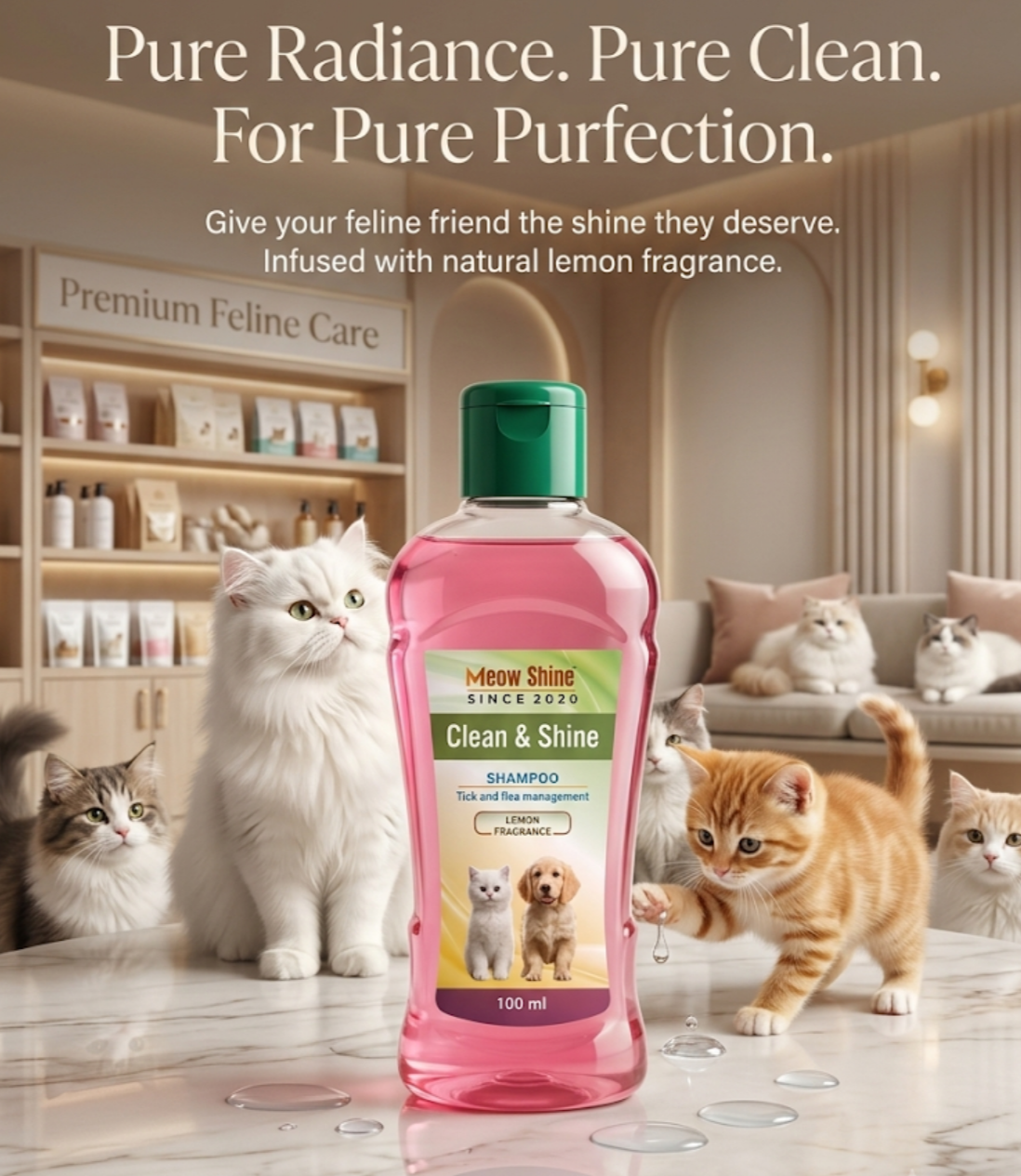 Meow Shine Tick & Flea Management Cat Shampoo (Lemon Fragrance, 100 ml)